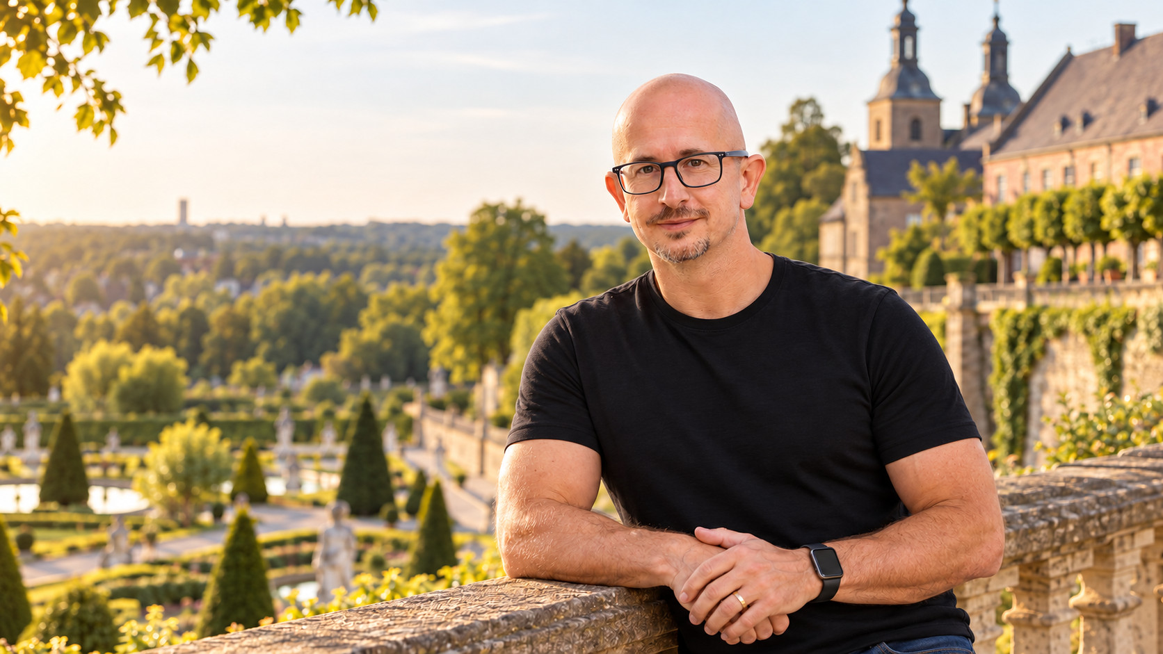 Dr. Dr. Martin Baxmann an einer Steinbalustrade vor Schloss und Barockgarten im Abendlicht